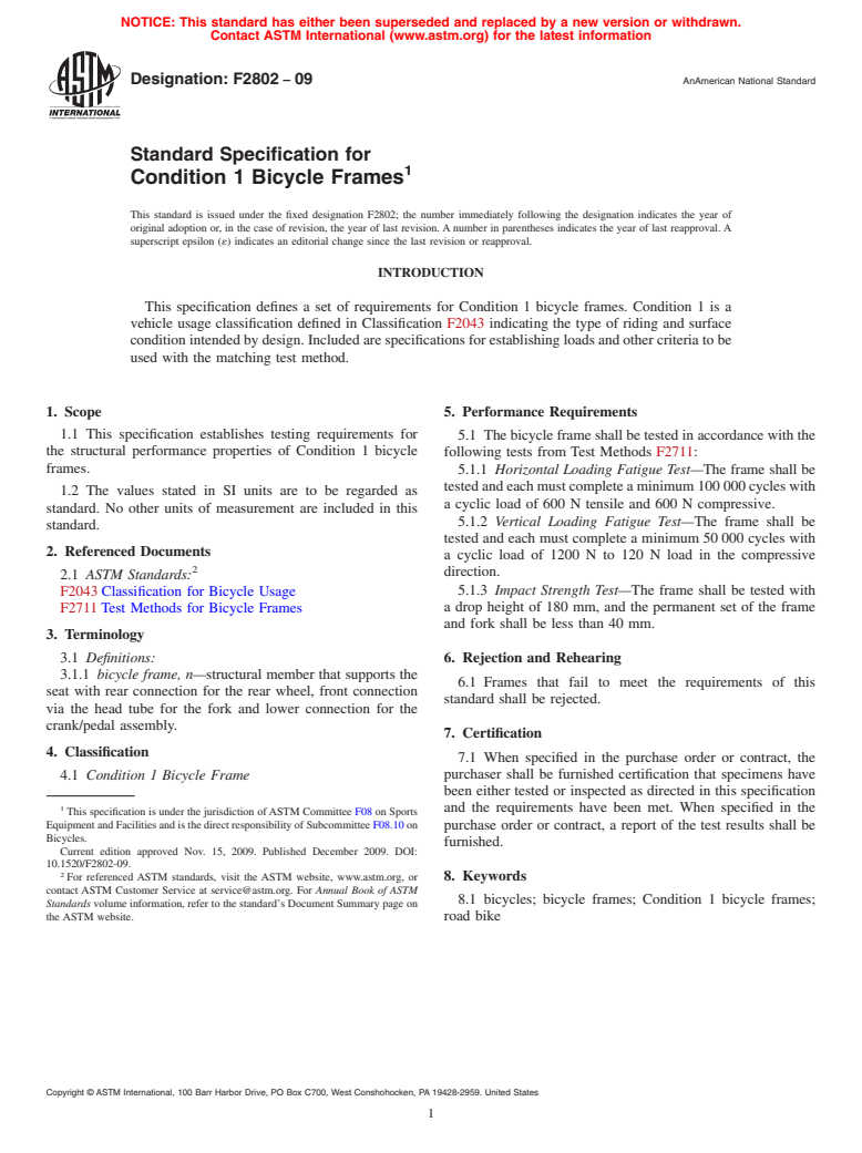 ASTM F2802-09 - Standard Specification for Condition 1 Bicycle Frames