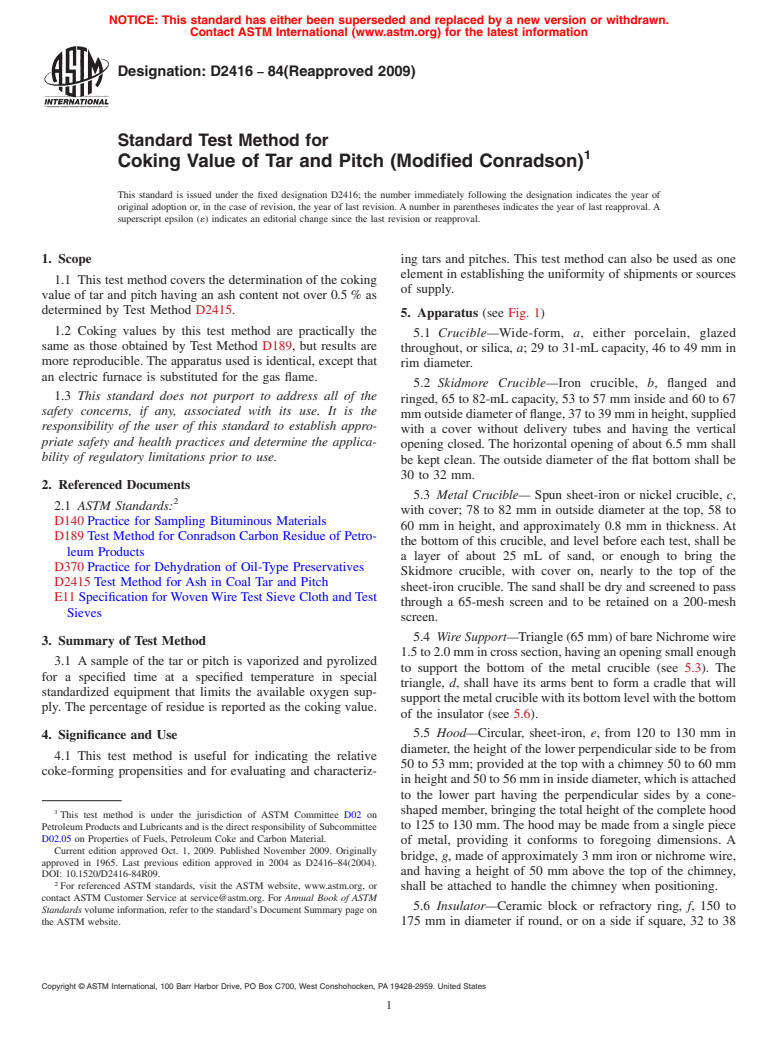 ASTM D2416-84(2009) - Standard Test Method for Coking Value of Tar and Pitch (Modified Conradson)