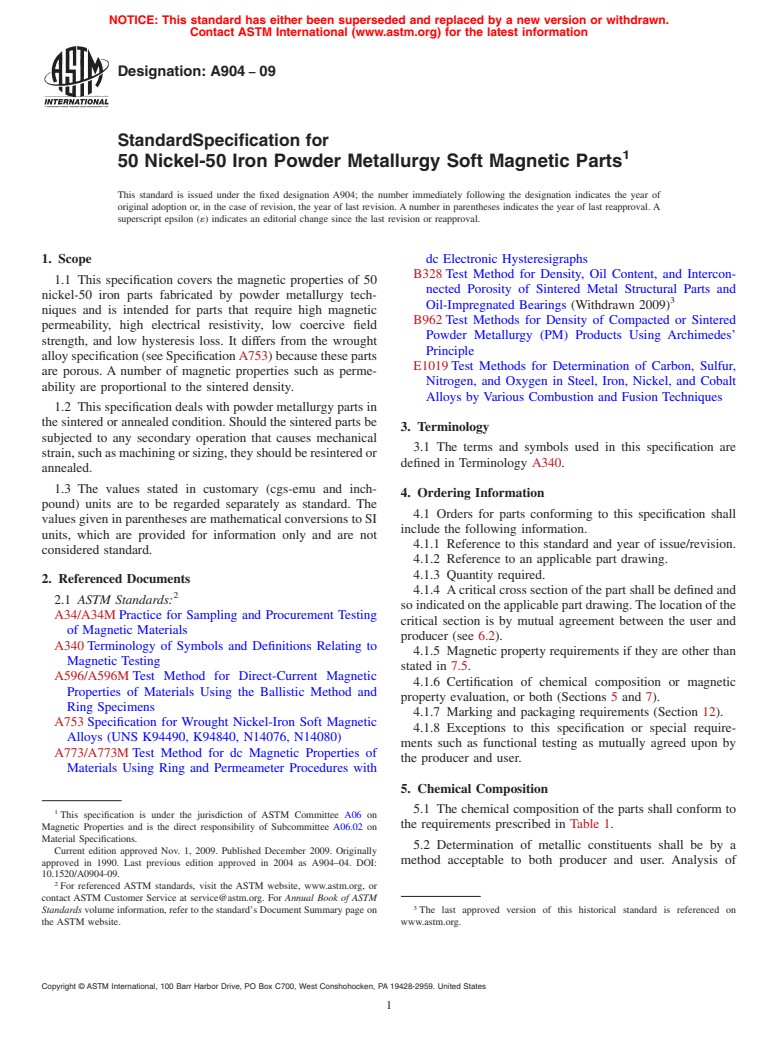 ASTM A904-09 - Standard Specification for 50 Nickel-50 Iron Powder Metallurgy Soft Magnetic Parts