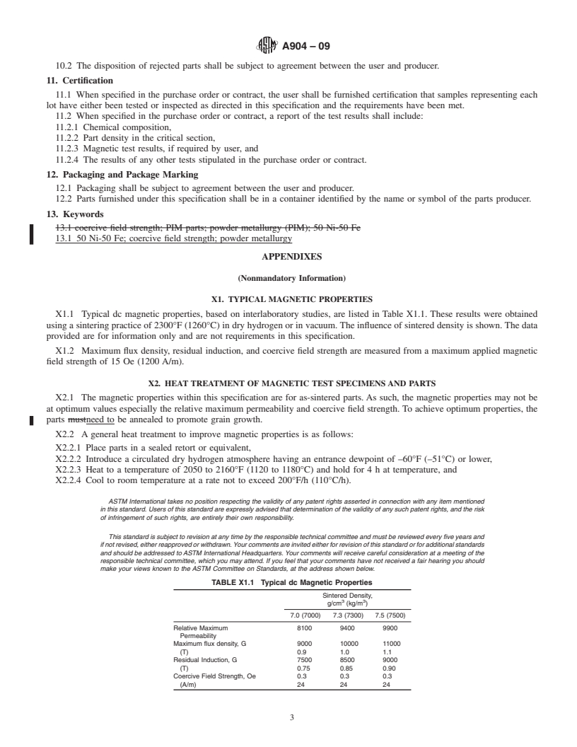 REDLINE ASTM A904-09 - Standard Specification for 50 Nickel-50 Iron Powder Metallurgy Soft Magnetic Parts