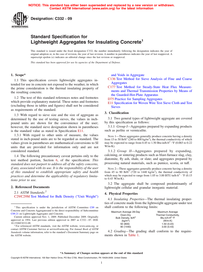 ASTM C332-09 - Standard Specification for Lightweight Aggregates for Insulating Concrete