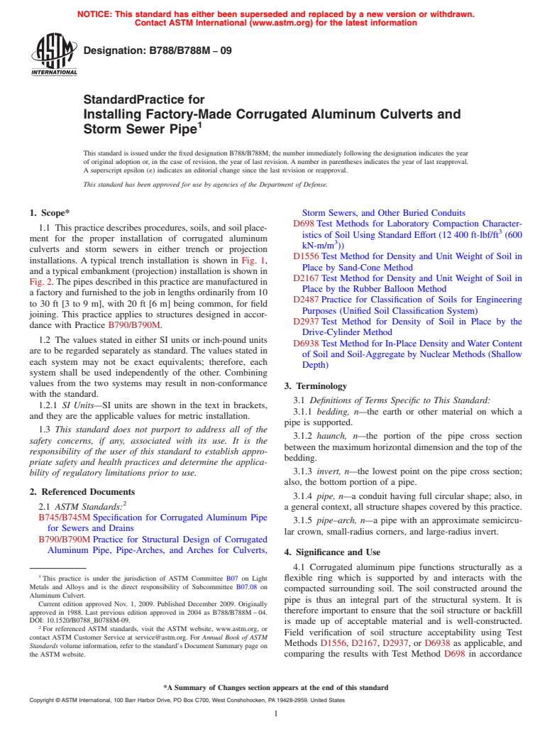 ASTM B788/B788M-09 - Standard Practice for Installing Factory-Made Corrugated Aluminum Culverts and Storm Sewer Pipe