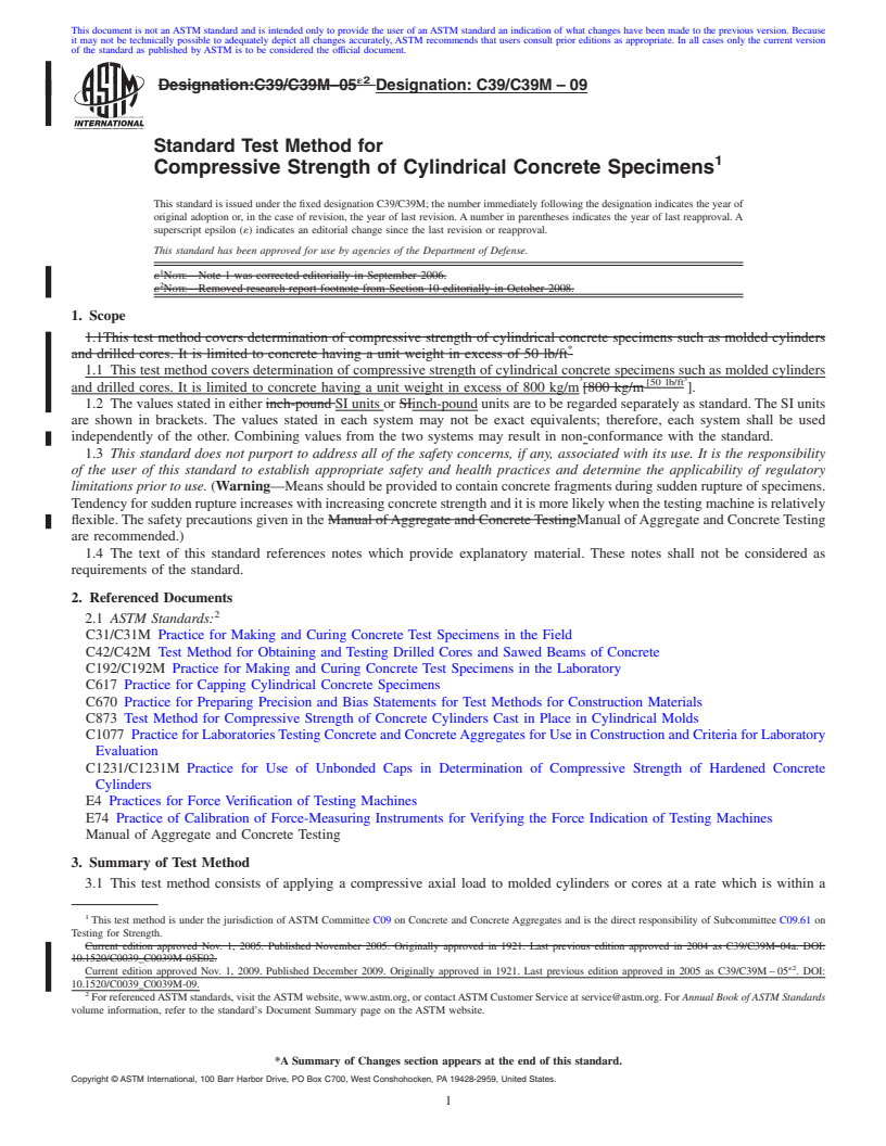 REDLINE ASTM C39/C39M-09 - Standard Test Method for  Compressive Strength of Cylindrical Concrete Specimens