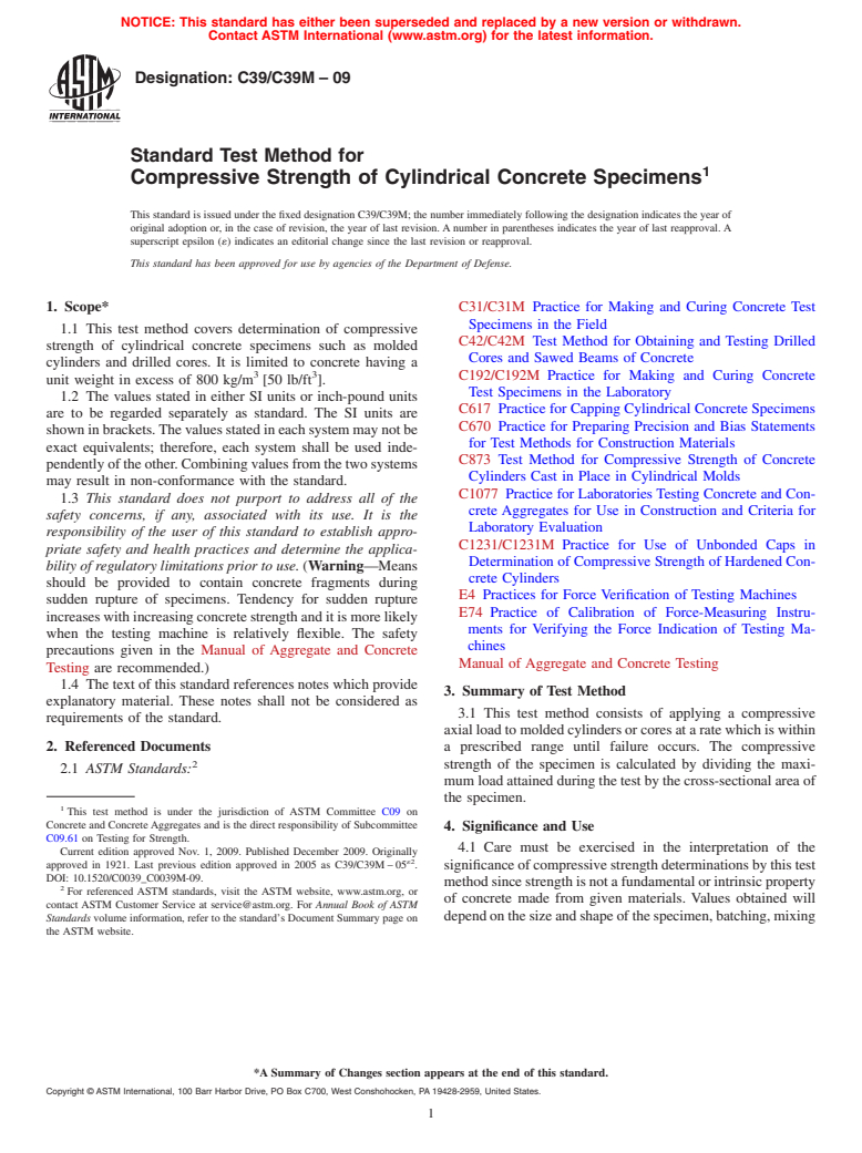 ASTM C39/C39M-09 - Standard Test Method for  Compressive Strength of Cylindrical Concrete Specimens