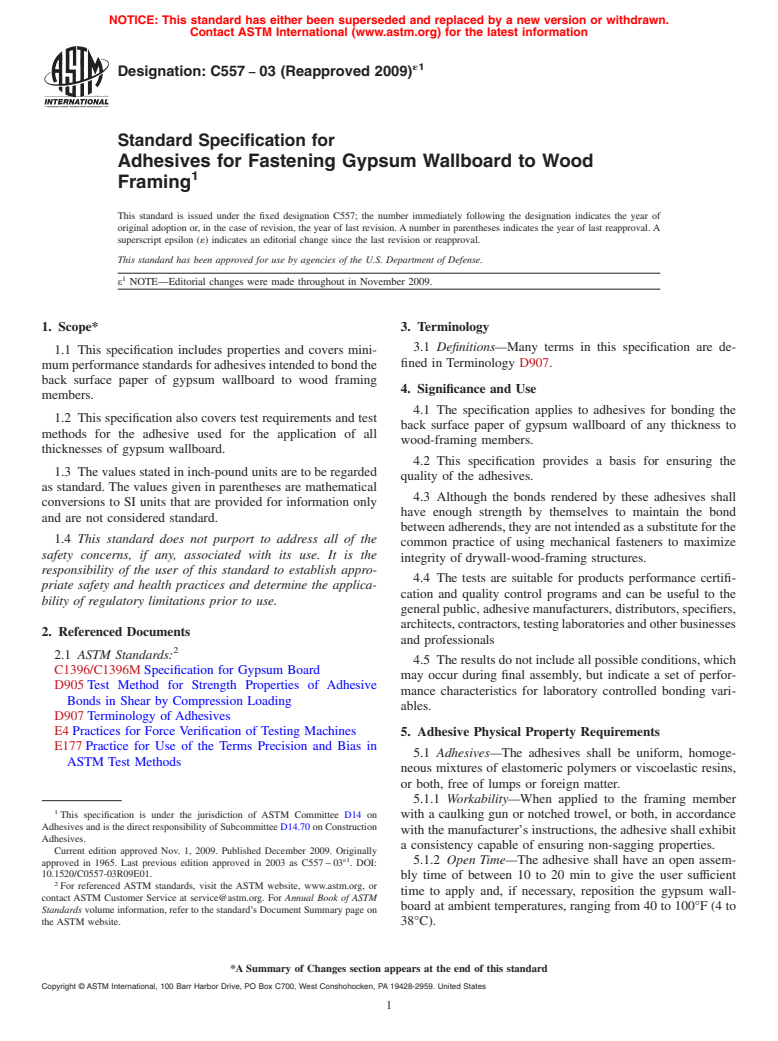 ASTM C557-03(2009)e1 - Standard Specification for Adhesives for Fastening Gypsum Wallboard to Wood Framing