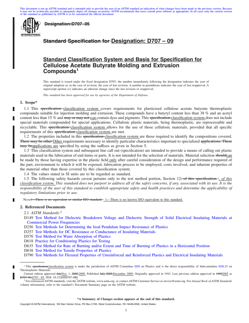 REDLINE ASTM D707-09 - Standard Classification System and Basis for Specification for Cellulose Acetate Butyrate Molding and Extrusion Compounds