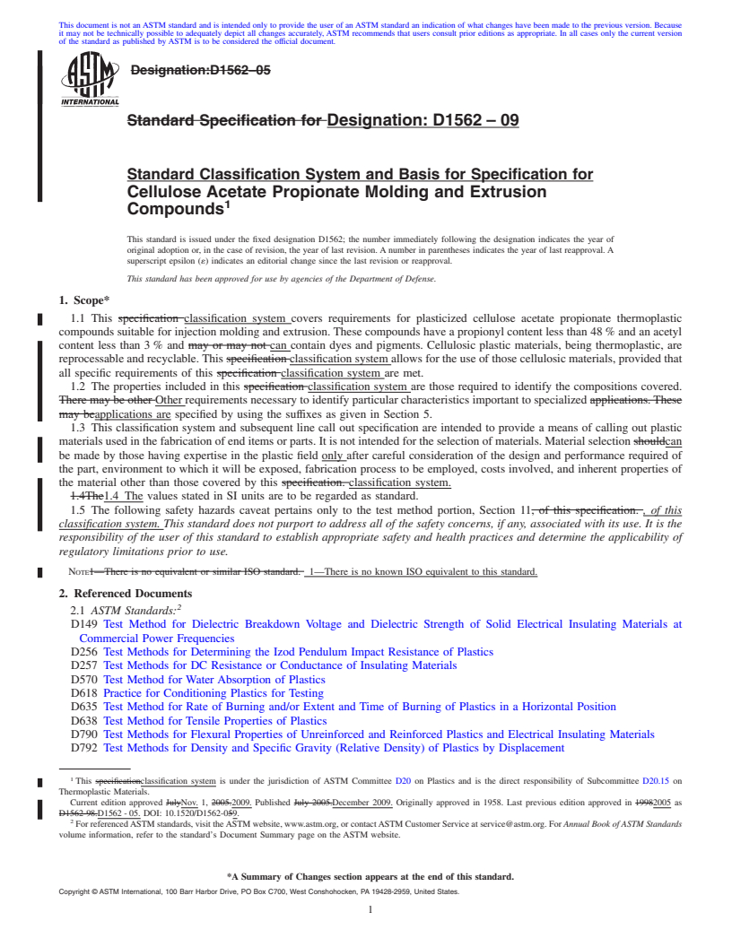 REDLINE ASTM D1562-09 - Standard Classification System and Basis for Specification for Cellulose Acetate Propionate Molding and Extrusion Compounds