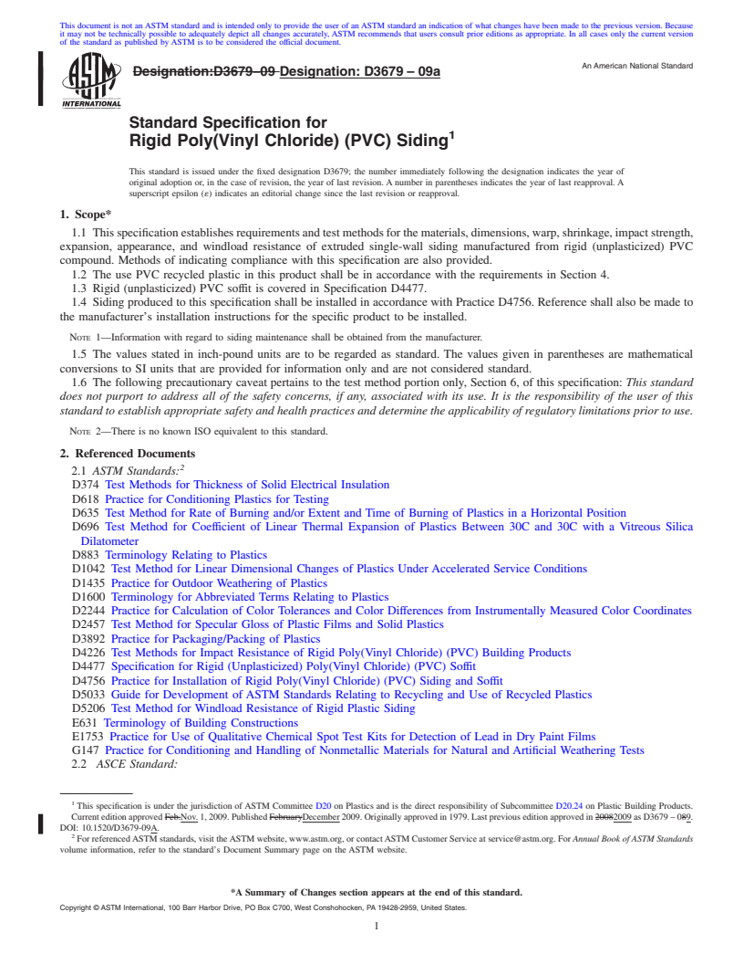 REDLINE ASTM D3679-09a - Standard Specification for  Rigid Poly(Vinyl Chloride) (PVC) Siding