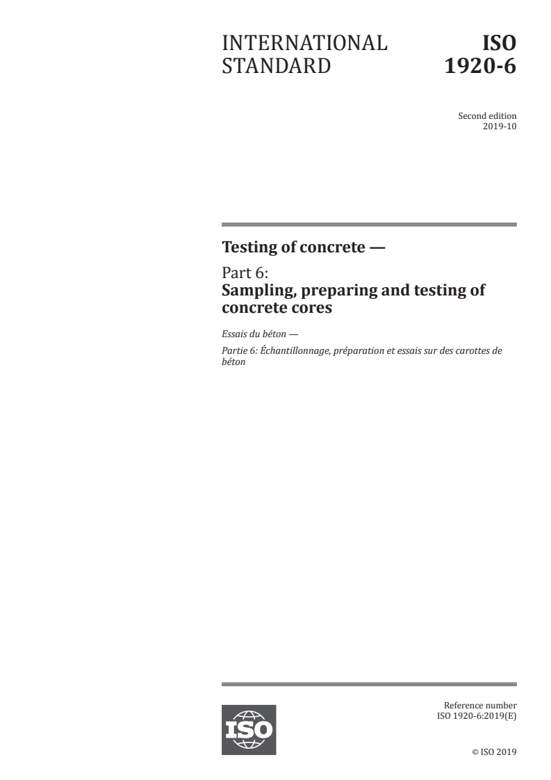 ISO 1920-6:2019 - Testing of concrete — Part 6: Sampling, preparing and testing of concrete cores
Released:10/11/2019