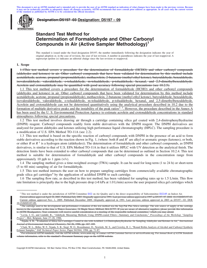 REDLINE ASTM D5197-09 - Standard Test Method for Determination of Formaldehyde and Other Carbonyl Compounds in Air (Active Sampler Methodology)