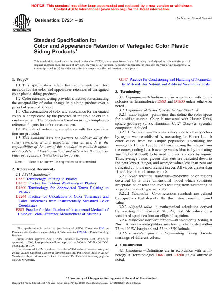 ASTM D7251-09 - Standard Specification for Color and Appearance Retention of Variegated Color Plastic Siding Products