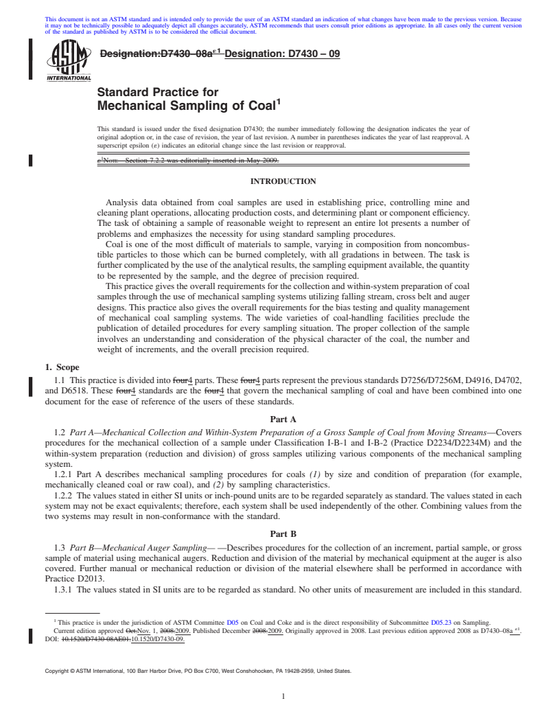 REDLINE ASTM D7430-09 - Standard Practice for Mechanical Sampling of Coal