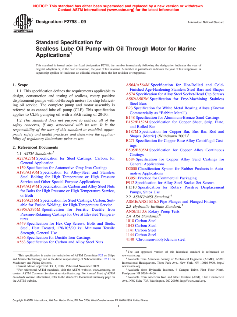 ASTM F2798-09 - Standard Specification for Sealless Lube Oil Pump with Oil Through Motor for Marine Applications