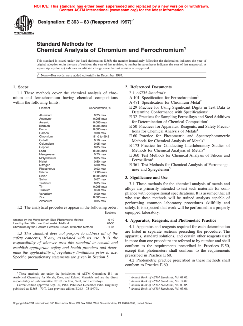 ASTM E363-83(1997)e1 - Standard Methods for Chemical Analysis of Chromium and Ferrochromium