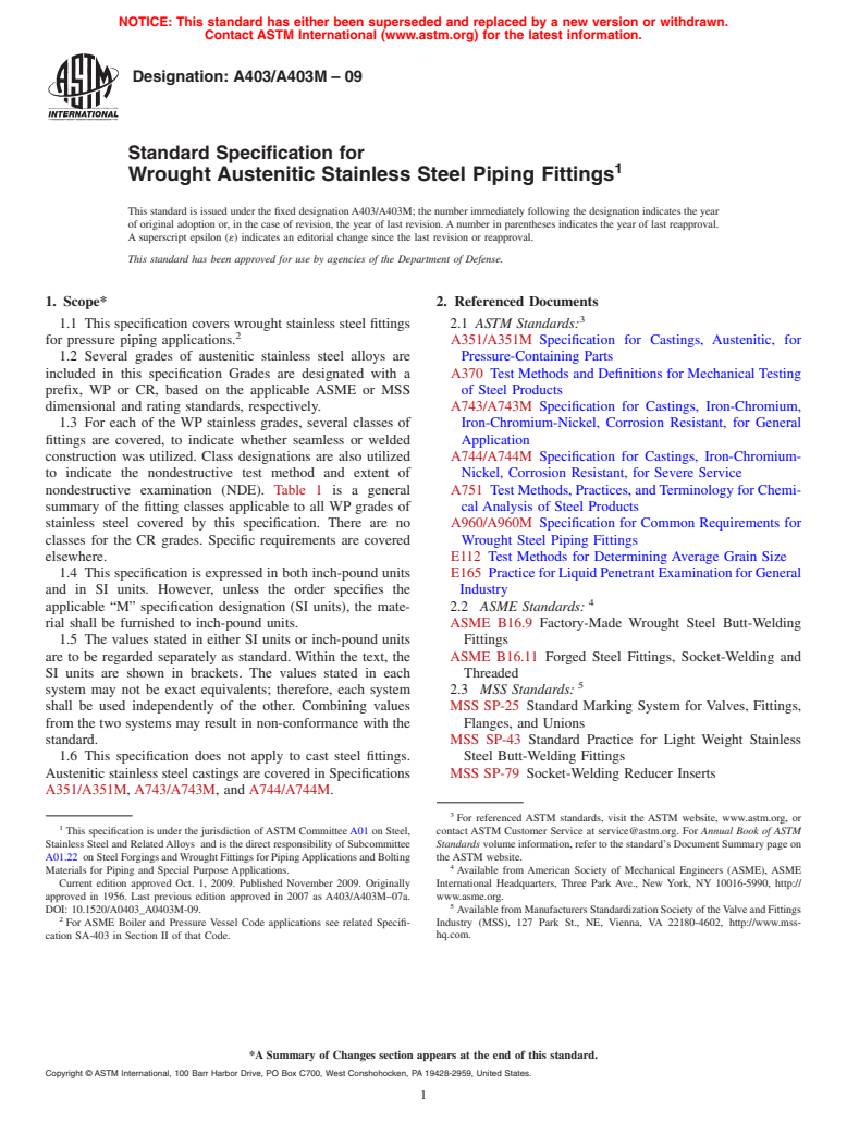 ASTM A403/A403M-09 - Standard Specification for Wrought Austenitic Stainless Steel Piping Fittings