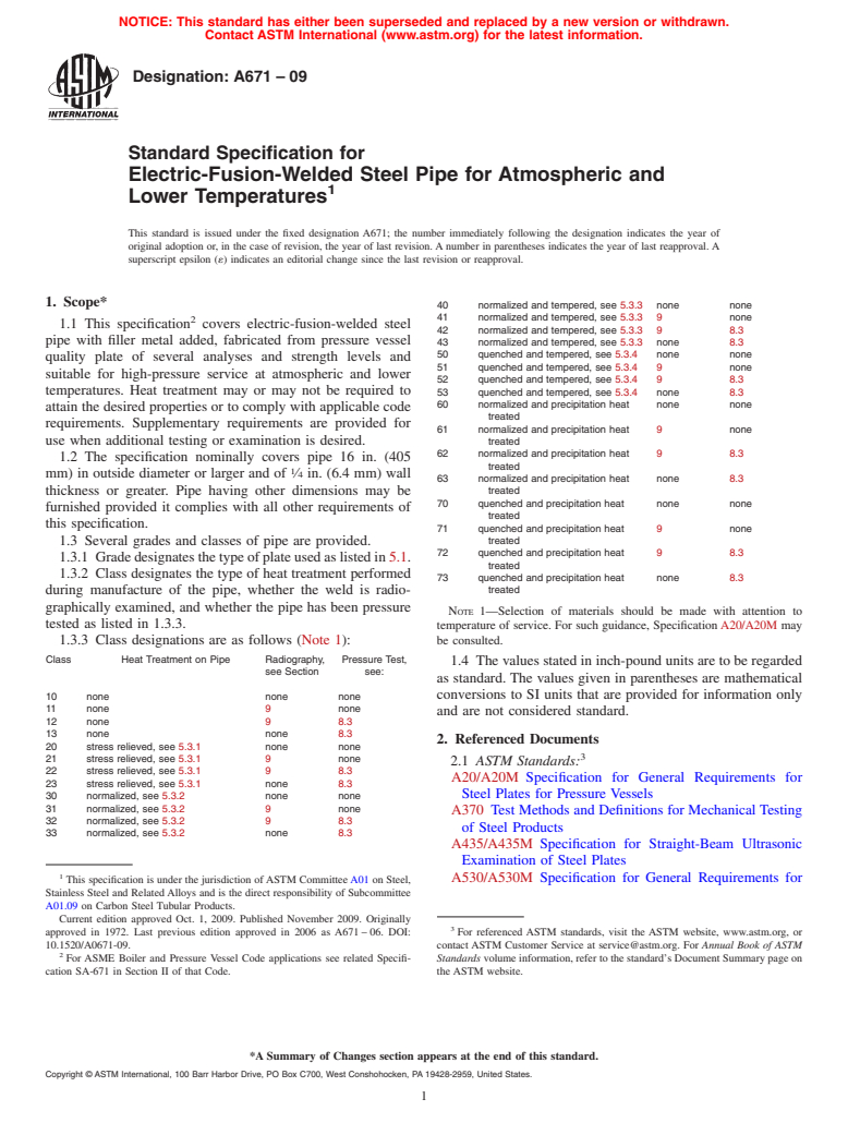 ASTM A671-09 - Standard Specification for Electric-Fusion-Welded Steel Pipe for Atmospheric and Lower Temperatures