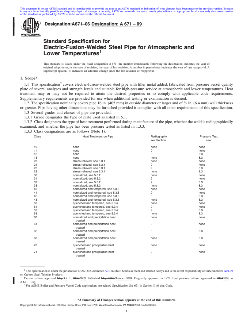 REDLINE ASTM A671-09 - Standard Specification for Electric-Fusion-Welded Steel Pipe for Atmospheric and Lower Temperatures