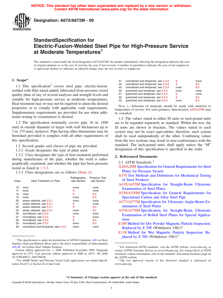 ASTM A672/A672M-09 - Standard Specification for Electric-Fusion-Welded Steel Pipe for High-Pressure Service at Moderate Temperatures