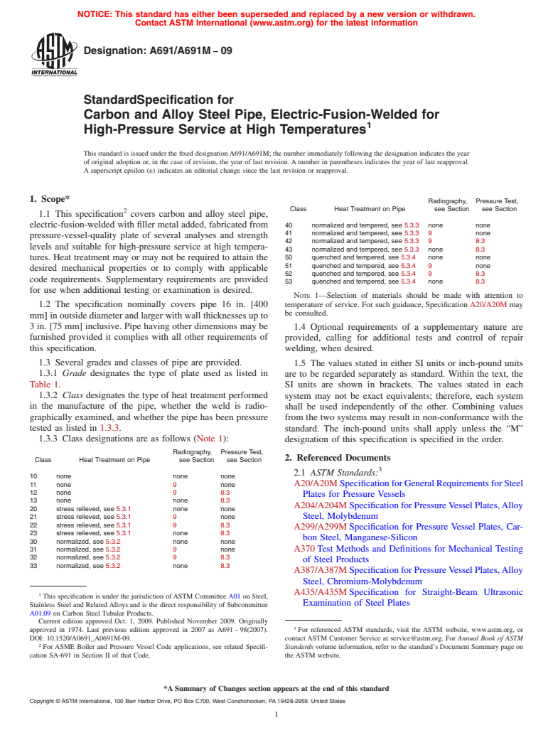 ASTM A691/A691M-09 - Standard Specification for Carbon and Alloy Steel Pipe, Electric-Fusion-Welded for High-Pressure Service at High Temperatures