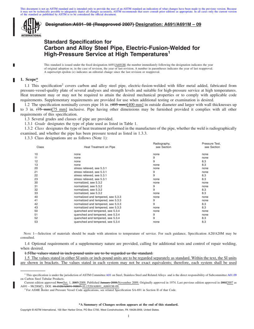 REDLINE ASTM A691/A691M-09 - Standard Specification for Carbon and Alloy Steel Pipe, Electric-Fusion-Welded for High-Pressure Service at High Temperatures