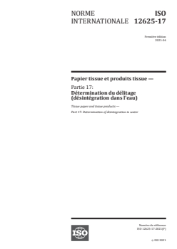 ISO 12625-17:2021 ISO 12625-17:2021 - Papier tissue et produits tissue — Partie 17: Détermination du délitage (désintégration dans l'eau)
Released:4/19/2021 - Page 1 preview