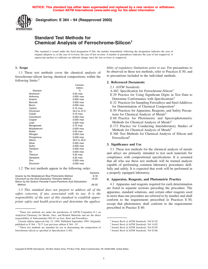 ASTM E364-94(2000) - Standard Test Methods for Chemical Analysis of Ferrochrome-Silicon (Withdrawn 2006)