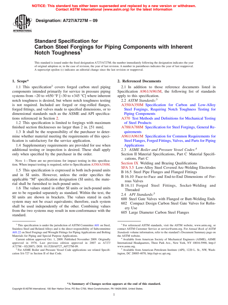 ASTM A727/A727M-09 - Standard Specification for Carbon Steel Forgings for Piping Components with Inherent Notch Toughness