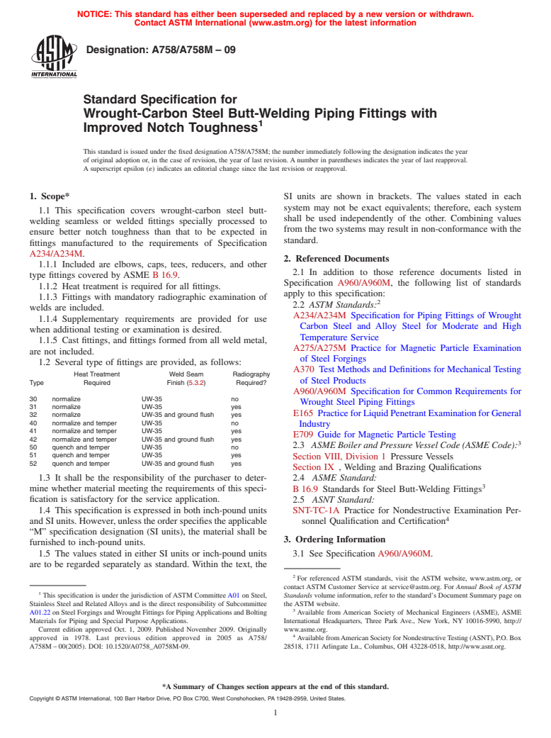 ASTM A758/A758M-09 - Standard Specification for Wrought-Carbon Steel Butt-Welding Piping Fittings with Improved Notch Toughness