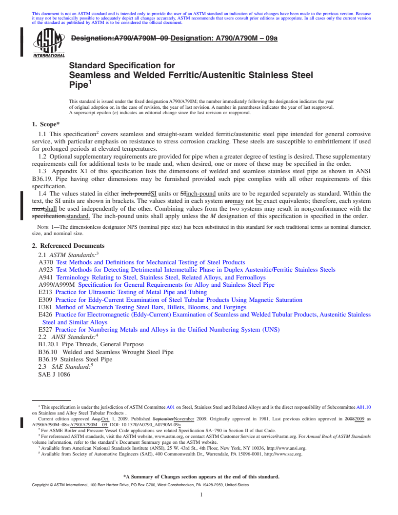 REDLINE ASTM A790/A790M-09a - Standard Specification for  Seamless and Welded Ferritic/Austenitic Stainless Steel Pipe