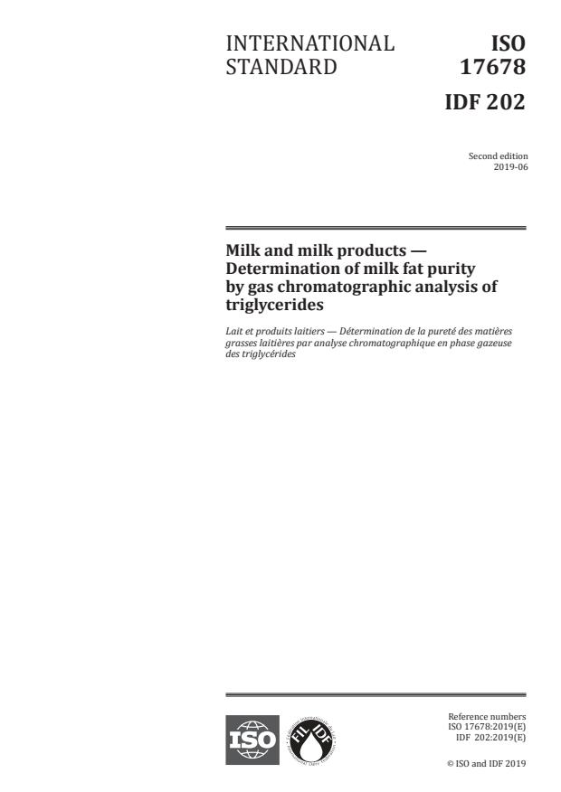 ISO 17678:2019 - Milk and milk products -- Determination of milk fat purity by gas chromatographic analysis of triglycerides