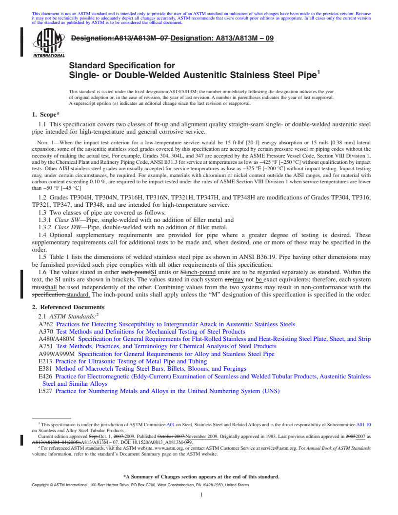 REDLINE ASTM A813/A813M-09 - Standard Specification for Single- or Double-Welded Austenitic Stainless Steel Pipe