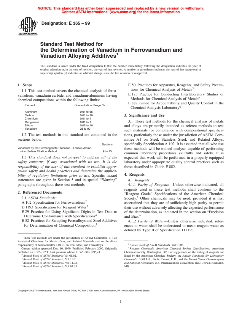 ASTM E365-99 - Standard Test Methods for the Determination of Vanadium in Ferrovanadium and Vanadium Alloying Additives (Withdrawn 2005)