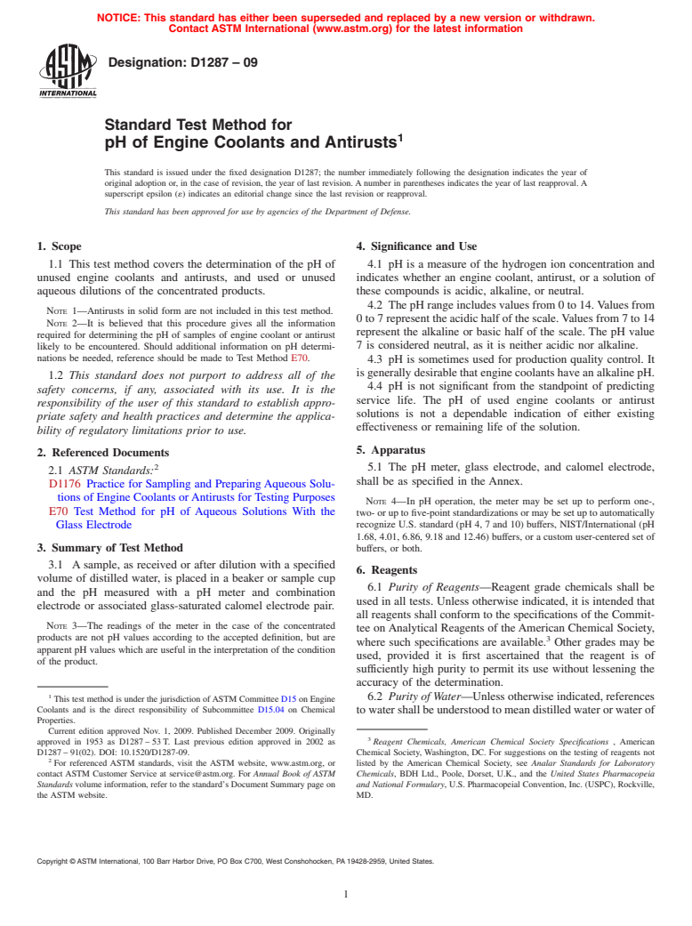 ASTM D1287-09 - Standard Test Method for pH of Engine Coolants and Antirusts