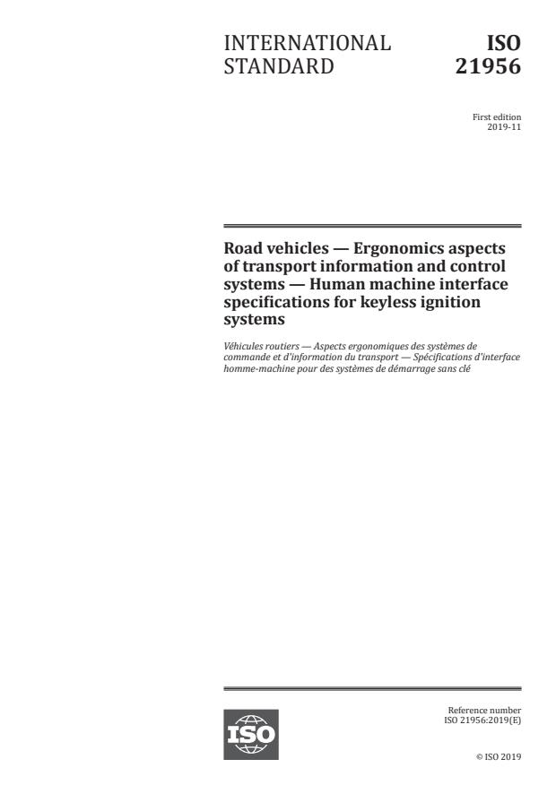 ISO 21956:2019 - Road vehicles -- Ergonomics aspects of transport information and control systems -- Human machine interface specifications for keyless ignition systems