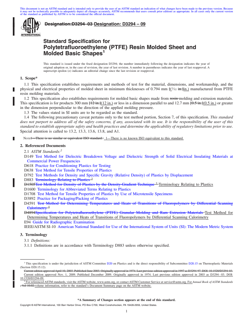 REDLINE ASTM D3294-09 - Standard Specification for PTFE Resin Molded Sheet and Molded Basic Shapes