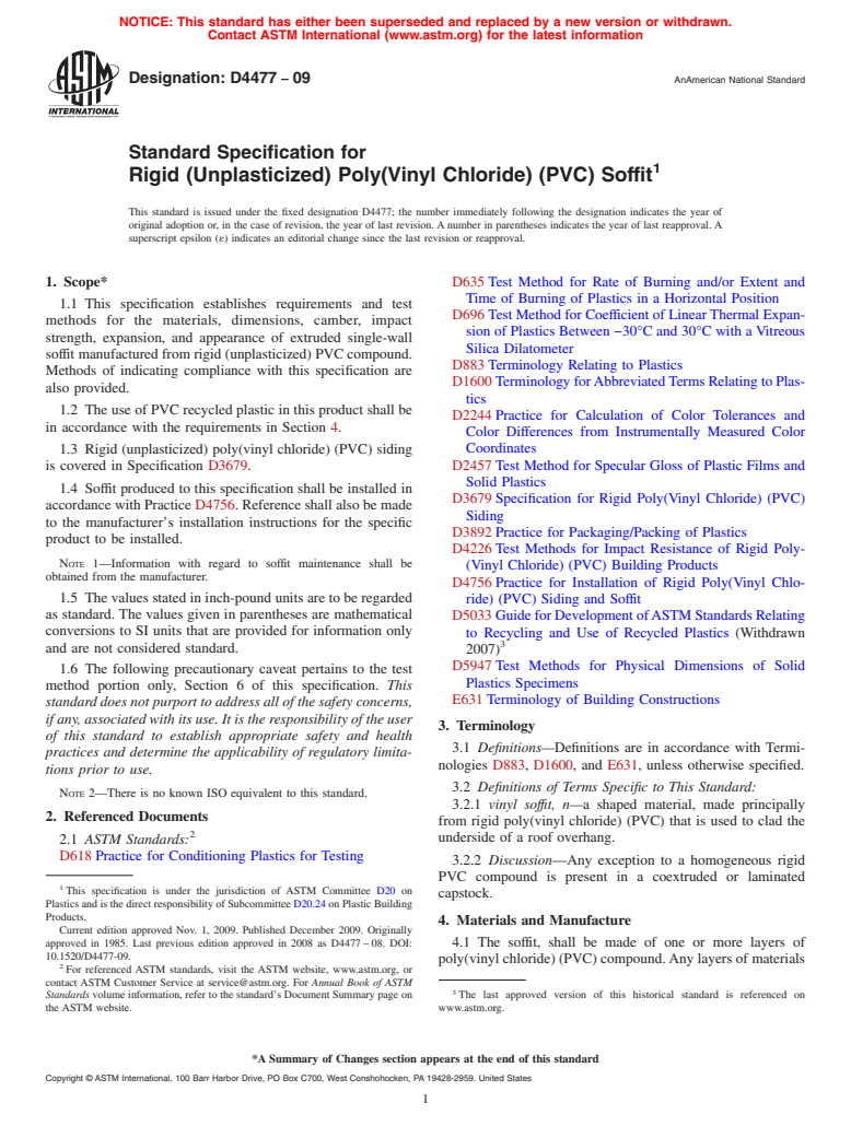ASTM D4477-09 - Standard Specification for Rigid (Unplasticized) Poly(Vinyl Chloride) (PVC) Soffit