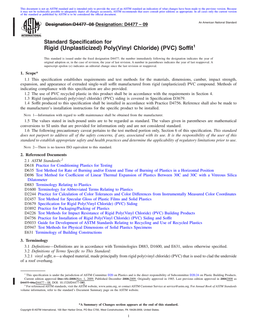 REDLINE ASTM D4477-09 - Standard Specification for Rigid (Unplasticized) Poly(Vinyl Chloride) (PVC) Soffit