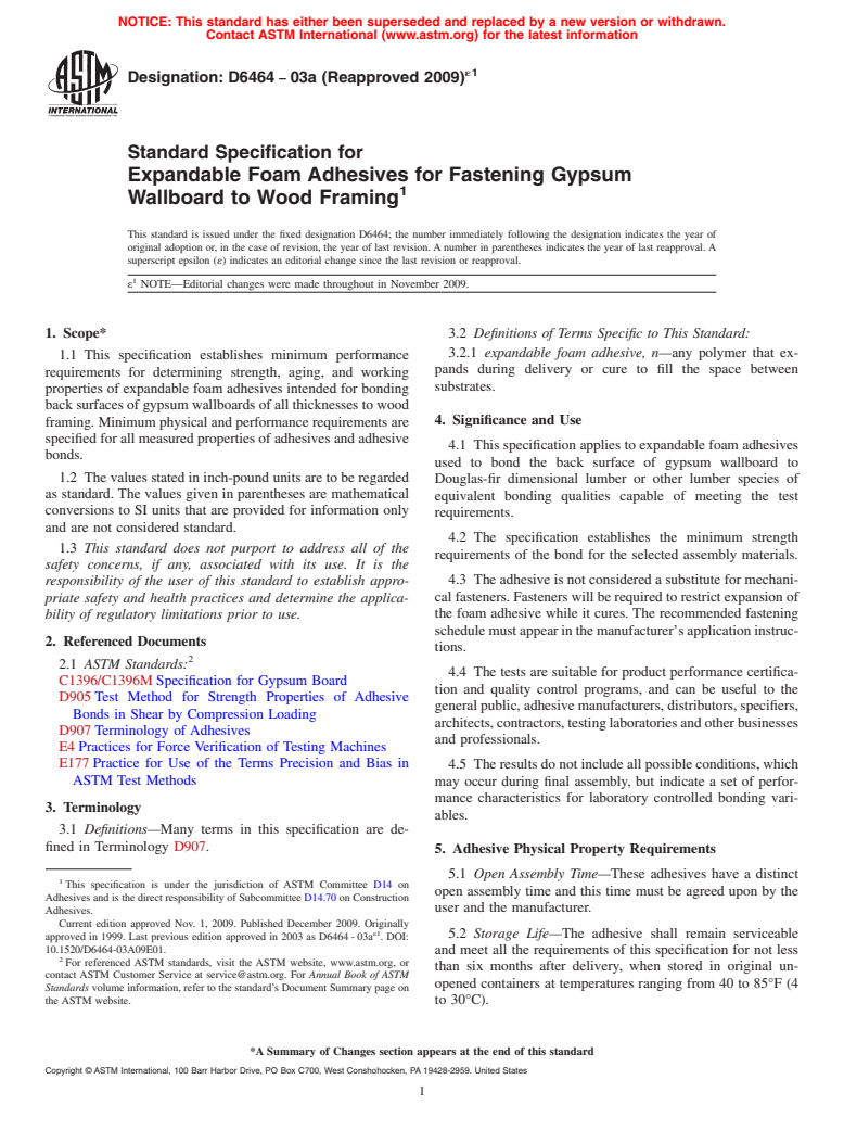 ASTM D6464-03a(2009)e1 - Standard Specification for Expandable Foam Adhesives for Fastening Gypsum Wallboard to Wood Framing