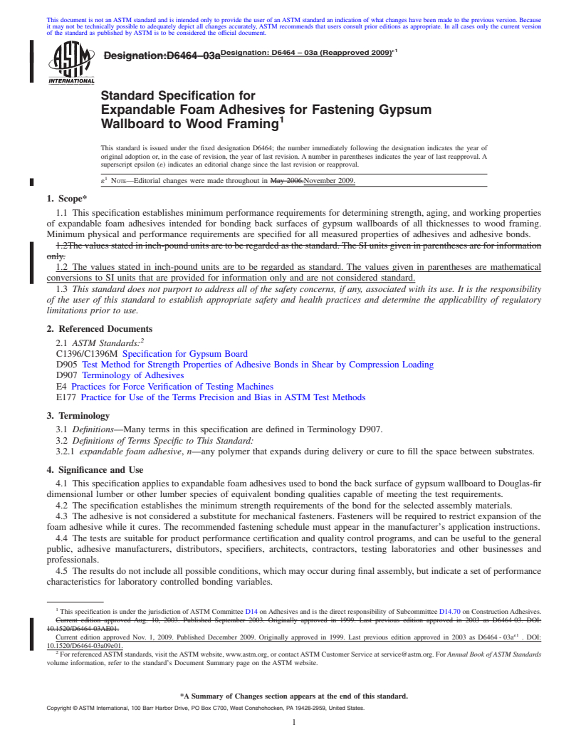 REDLINE ASTM D6464-03a(2009)e1 - Standard Specification for Expandable Foam Adhesives for Fastening Gypsum Wallboard to Wood Framing