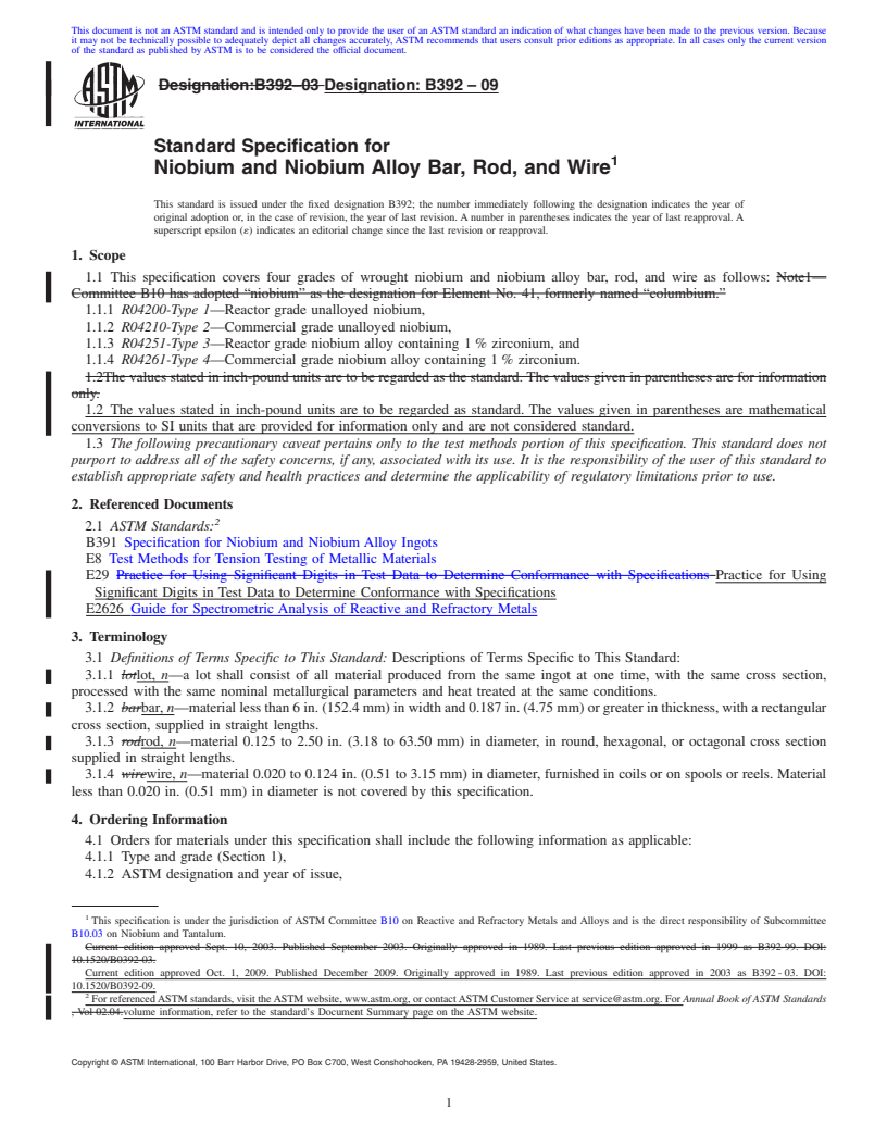 REDLINE ASTM B392-09 - Standard Specification for Niobium and Niobium Alloy Bar, Rod, and Wire