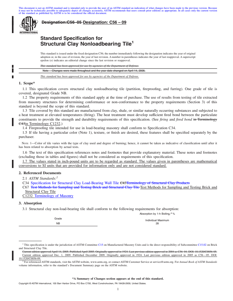 REDLINE ASTM C56-09 - Standard Specification for Structural Clay Nonloadbearing Tile