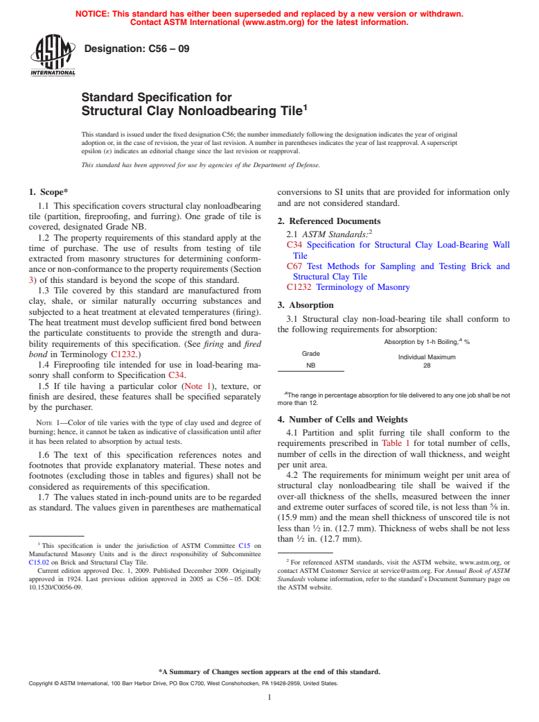 ASTM C56-09 - Standard Specification for Structural Clay Nonloadbearing Tile