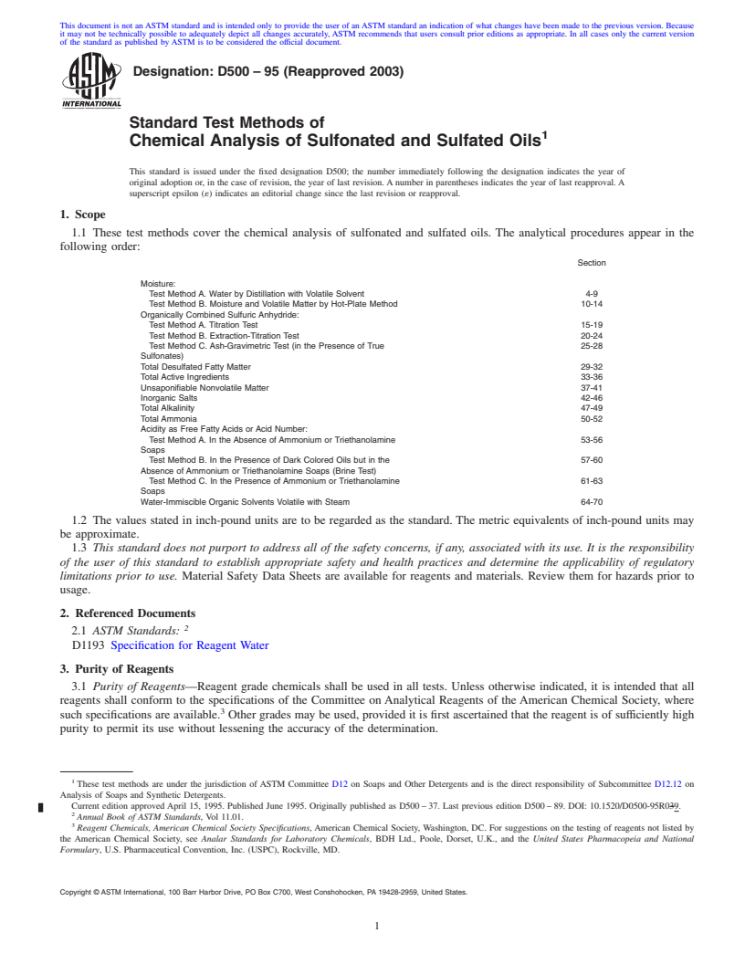 REDLINE ASTM D500-95(2009) - Standard Test Methods of Chemical Analysis of Sulfonated and Sulfated Oils
