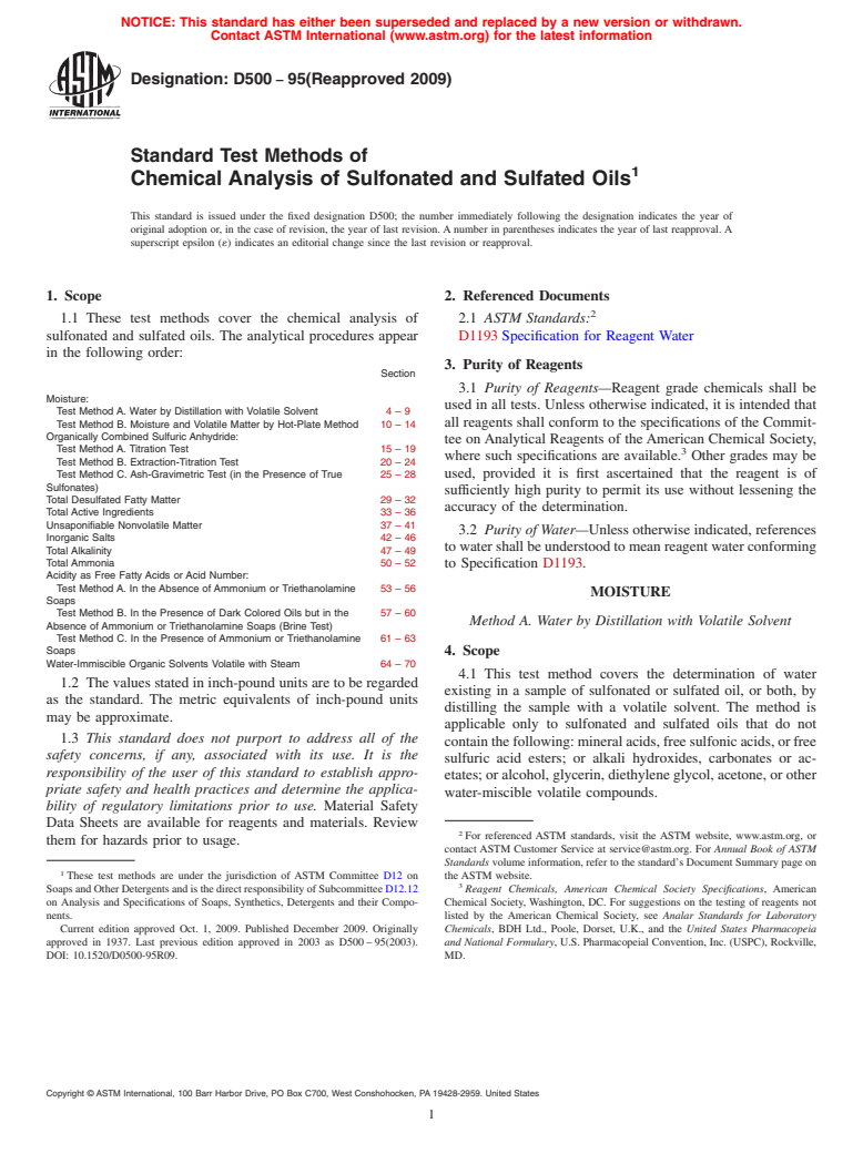 ASTM D500-95(2009) - Standard Test Methods of Chemical Analysis of Sulfonated and Sulfated Oils