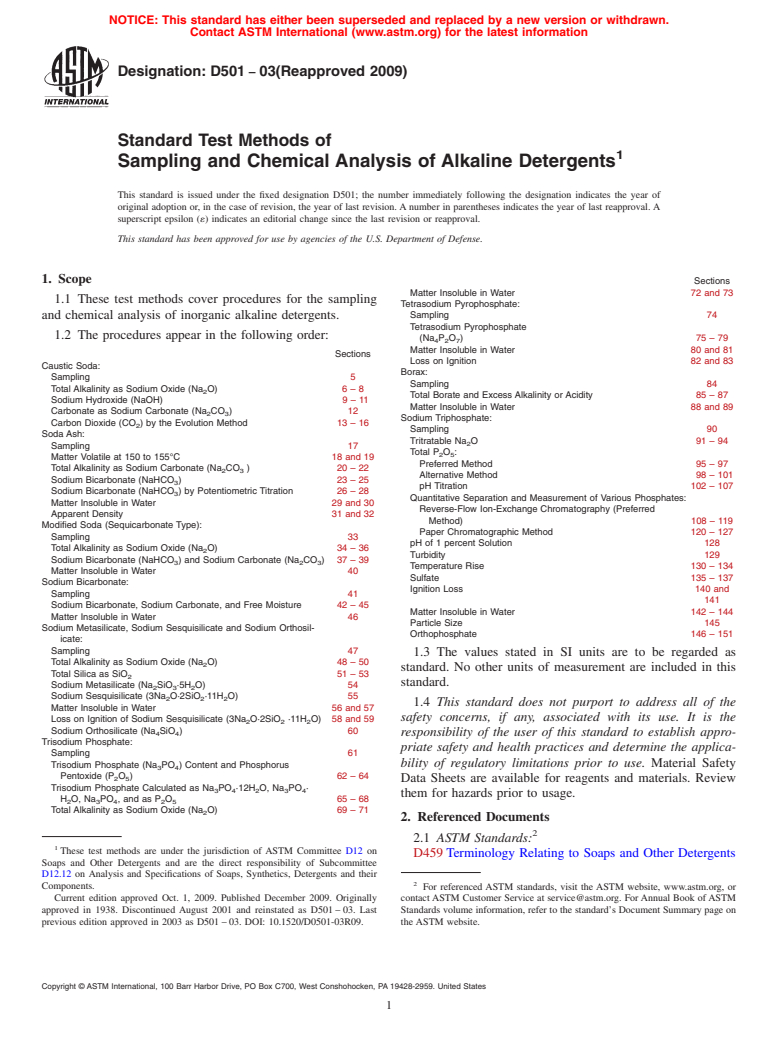 ASTM D501-03(2009) - Standard Test Methods of Sampling and Chemical Analysis of Alkaline Detergents