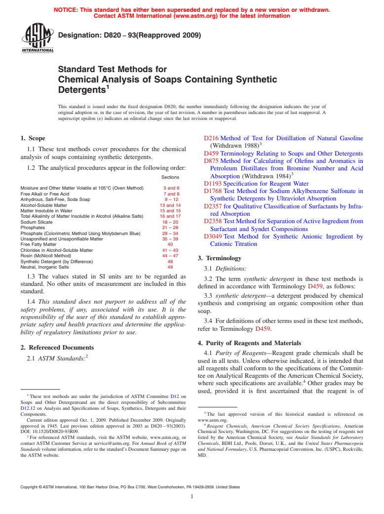 ASTM D820-93(2009) - Standard Test Methods for Chemical Analysis of Soaps Containing Synthetic Detergents