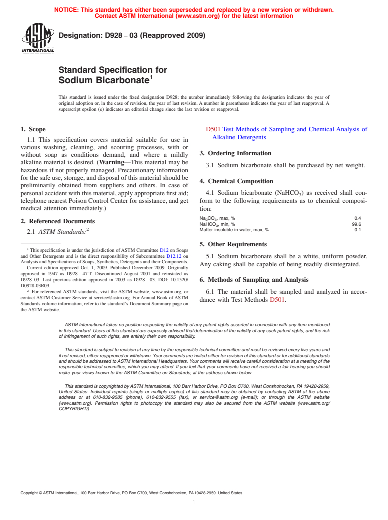 ASTM D928-03(2009) - Standard Specification for Sodium Bicarbonate