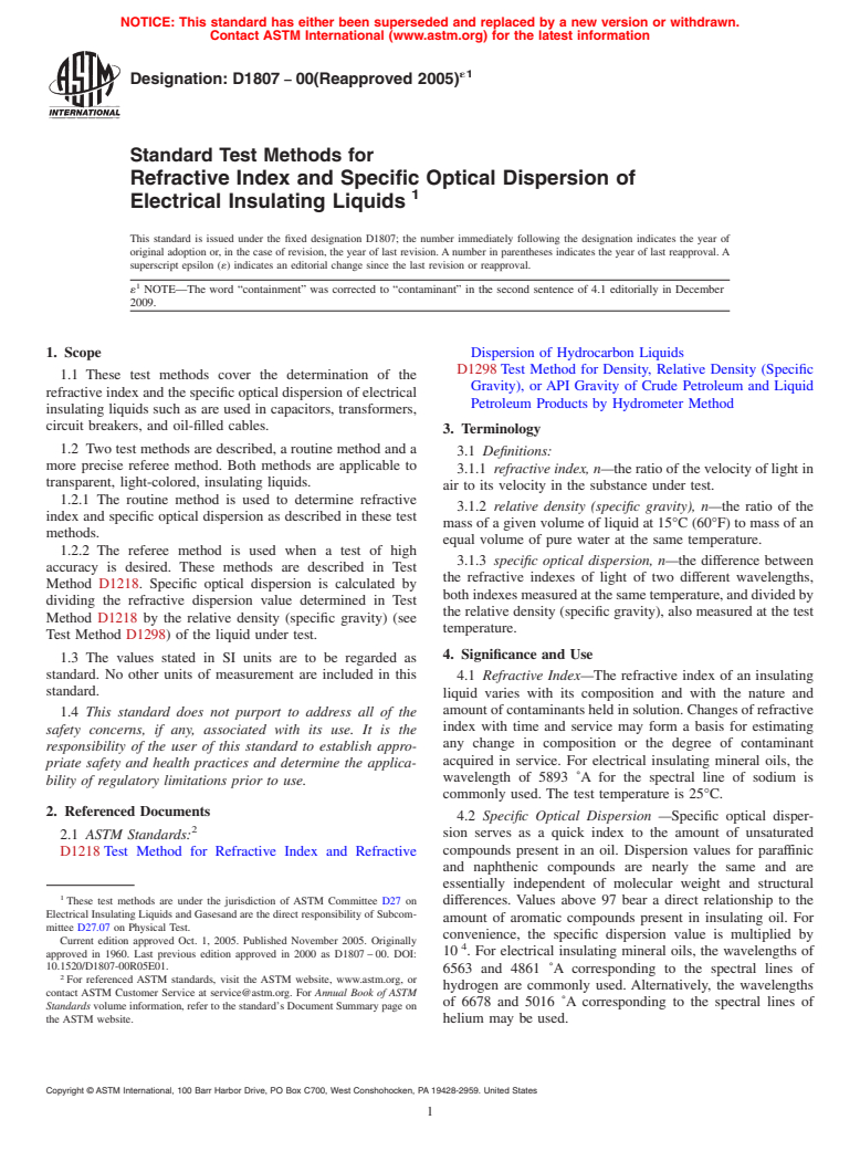 ASTM D1807-00(2005)e1 - Standard Test Methods for Refractive Index and Specific Optical Dispersion of Electrical Insulating Liquids (Withdrawn 2014)