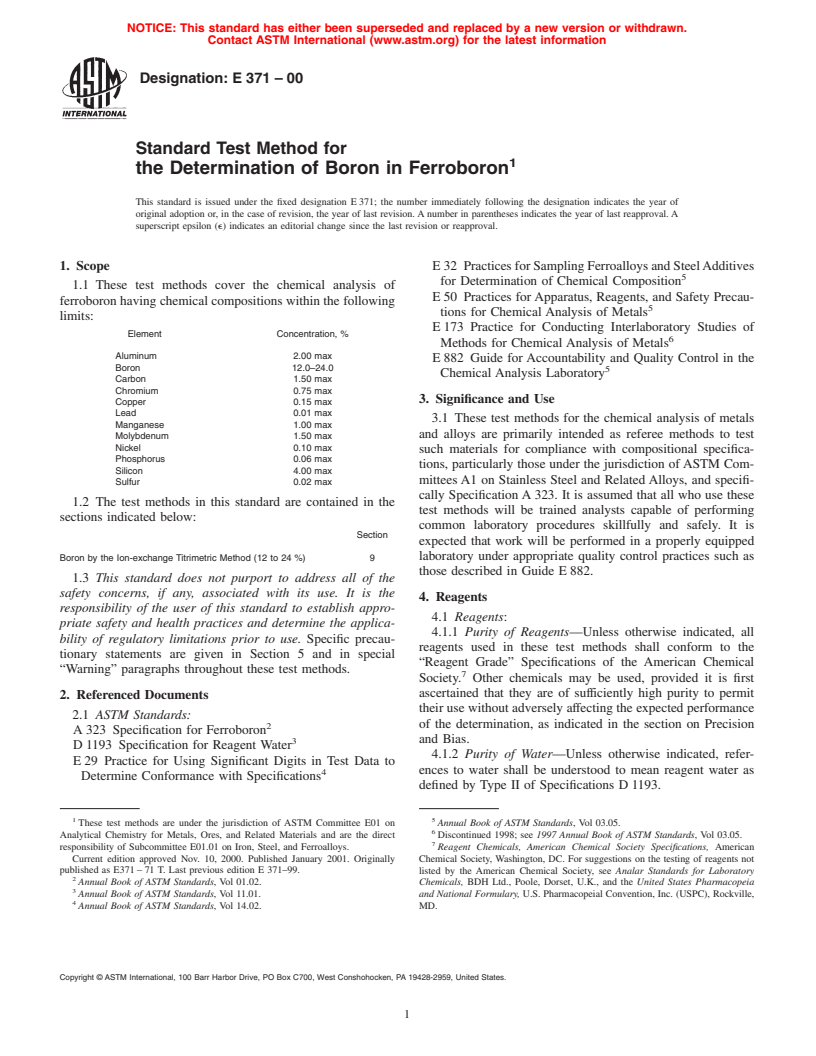 ASTM E371-00 - Standard Test Method for the Determination of Boron in Ferroboron (Withdrawn 2006)