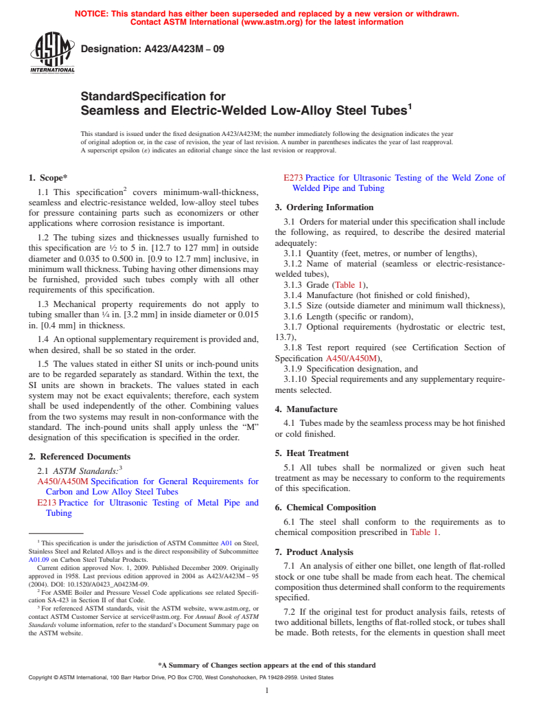 ASTM A423/A423M-09 - Standard Specification for Seamless and Electric-Welded Low-Alloy Steel Tubes